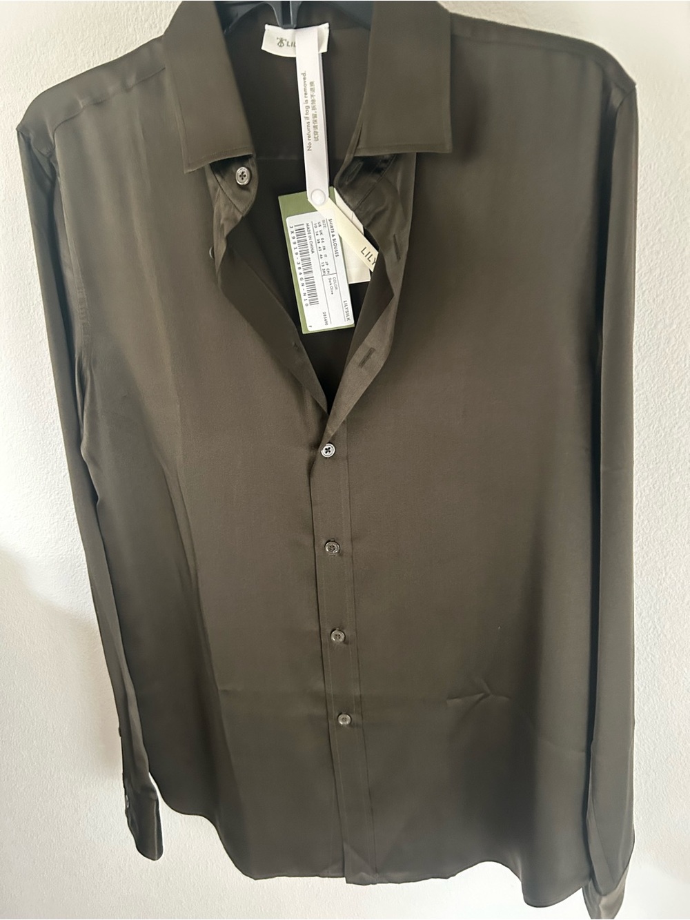 Women’s LILYSILK Tailored Button Down Silk Dark Olive Long-Sleeve Shirt - Picture 4 of 8